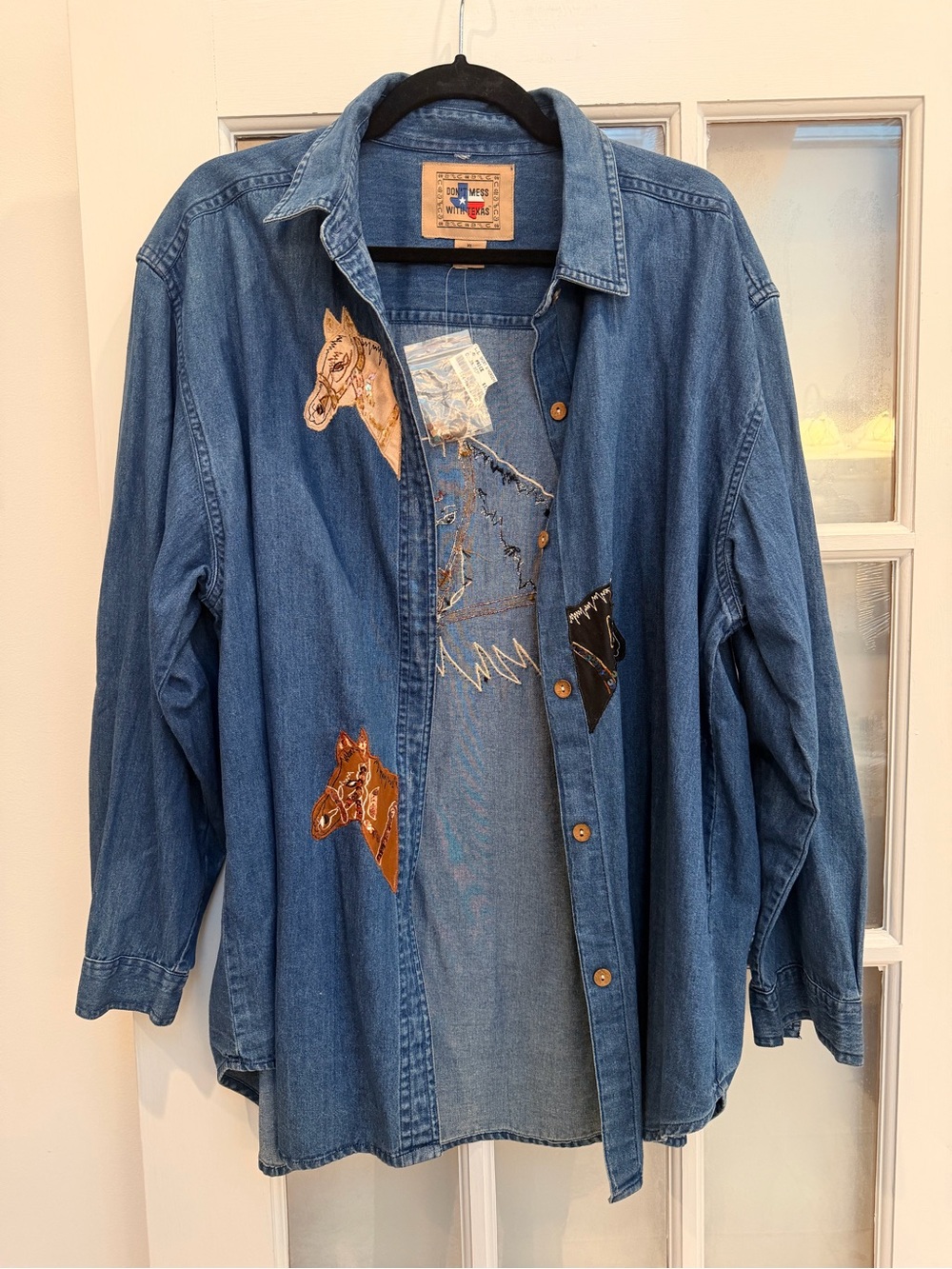 Vintage Don't Mess With Texas 90’s Denim Shirt Horse Western Sequins Size XL NWT
